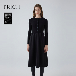 新款 PRICH气质通勤拼接连衣裙冬季 保暖显瘦长裙女 绵羊毛 PRICH