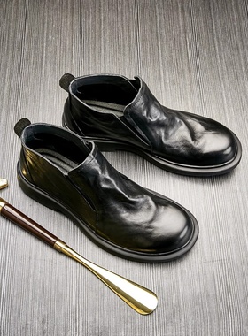 帕达索秋冬季切尔西靴真皮英伦中帮皮鞋牛皮一脚蹬软底皮靴231020