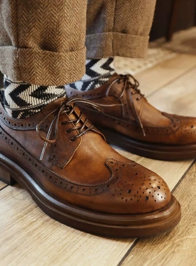 英伦正装圆头布洛克雕花商务休闲皮鞋厚底增高通勤鞋潮婚鞋211011