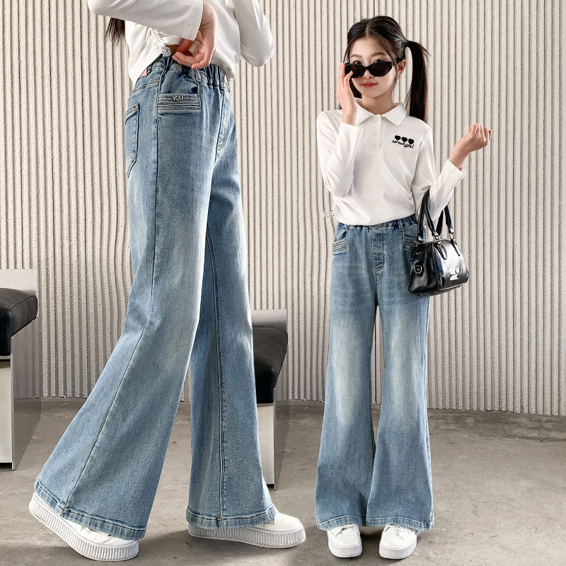 女童裤子春秋款2025新款秋装女孩大童时尚窄版阔腿儿童秋季牛仔裤