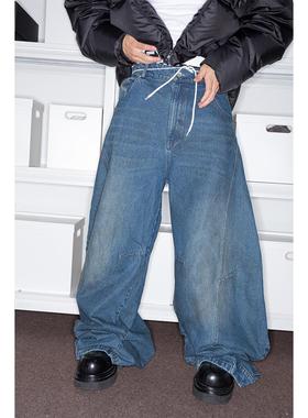 FEAR4FREE 做旧脏染色牛仔裤重磅拼接小众设计堆积感阔腿裤弯刀裤