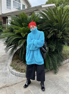 FEAE4FREE 慵懒蓝色翻领双拉链仿貂绒毛宽松高领毛衣外套男女