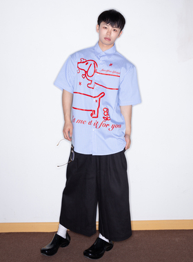 FEAR4FREE Outline versino条纹鱼骨衬衫腊肠狗印花休闲短袖男女