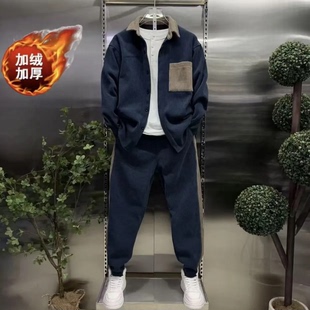 休闲套装 宽松显瘦两件套男装 灯芯绒长袖 束脚长裤 衬衫 加绒加厚男士