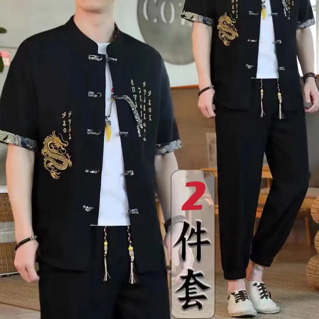 中国风男装新中式两件套汉服夏季短袖t恤长裤套装复古民族风唐装
