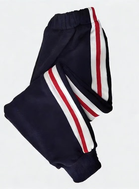 学生校服裤子运动裤通用中性班服儿童园服束口宽白杠中间1cm红杠