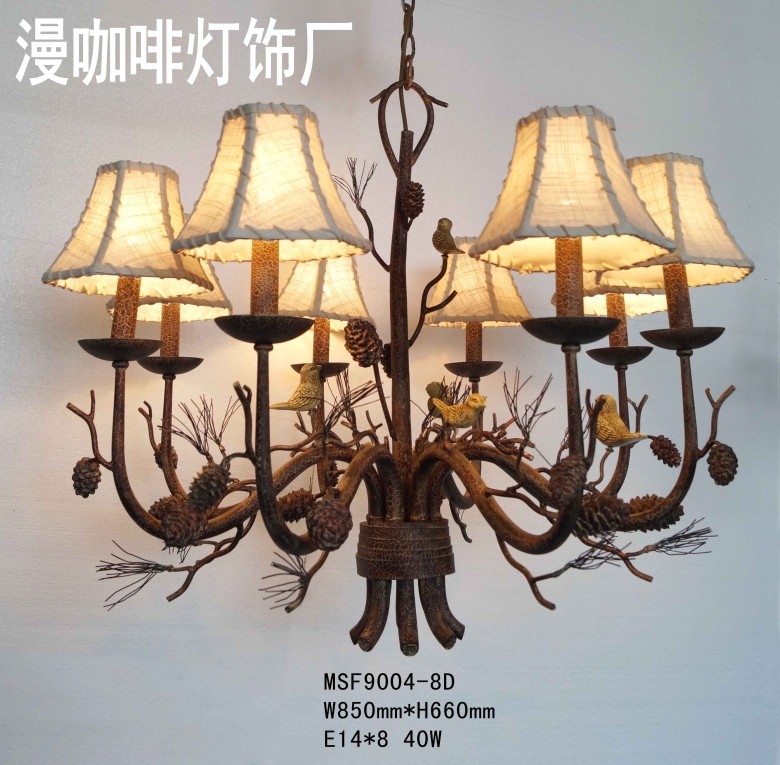 美式铁艺吊灯漫咖啡小鸟松果树枝创意特色酒吧工程装饰个性灯具客