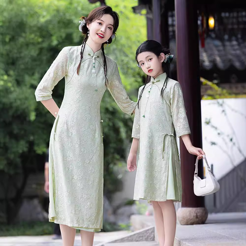 中式女大童改良旗袍裙儿童亲子装
