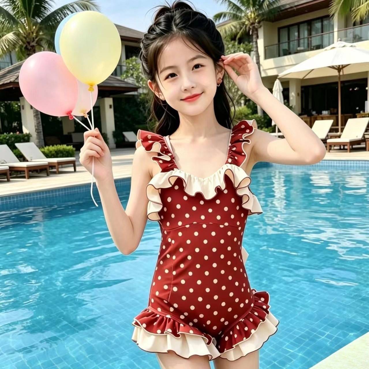 新款夏季红色波点荷叶边泳衣大童女生连衣裙海边复古连体泳衣