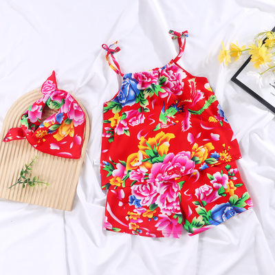 宝宝红色东北大花吊带短裤套装