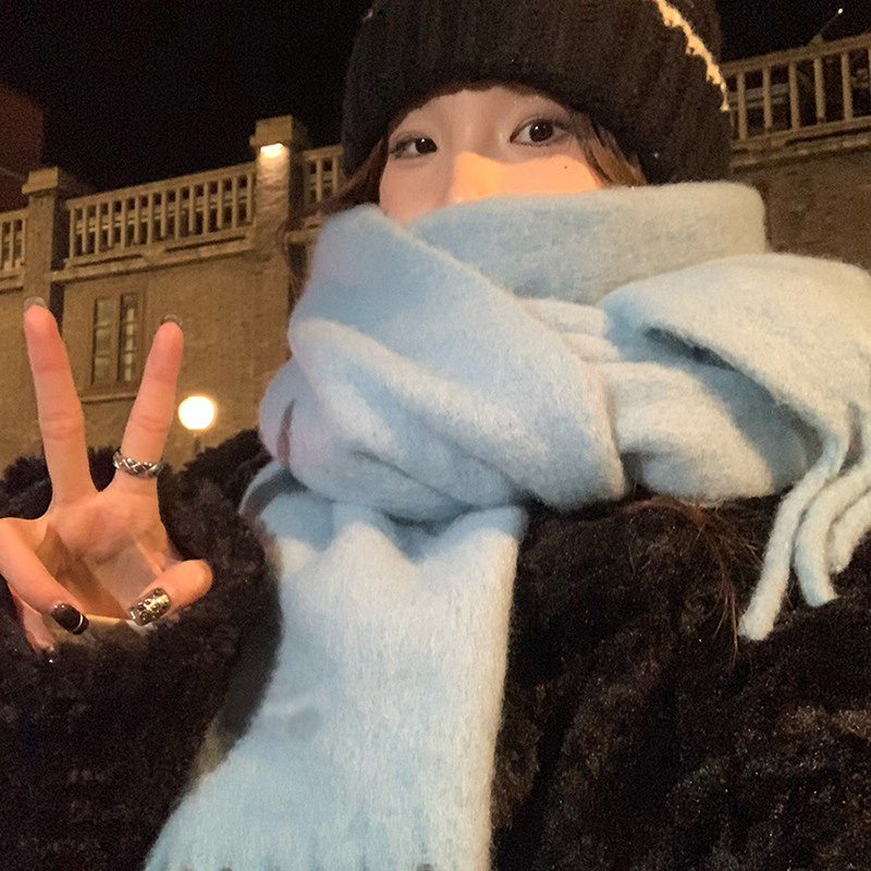 冬季氛围感~蓝色马海毛围巾2025女款仿羊绒保暖加大加厚披肩围脖