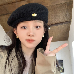蜗牛爬爬家日系黑色贝雷帽女秋冬季显脸小百搭大头围画家帽子女款