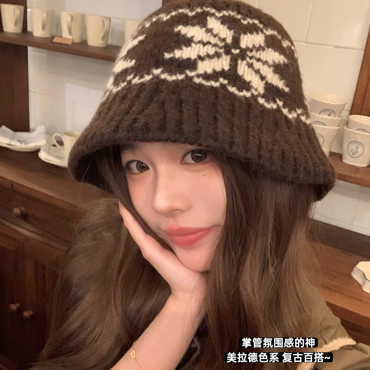 含羊毛针织渔夫帽女秋冬季保暖显脸小毛线帽子女款冬大头围盆帽潮