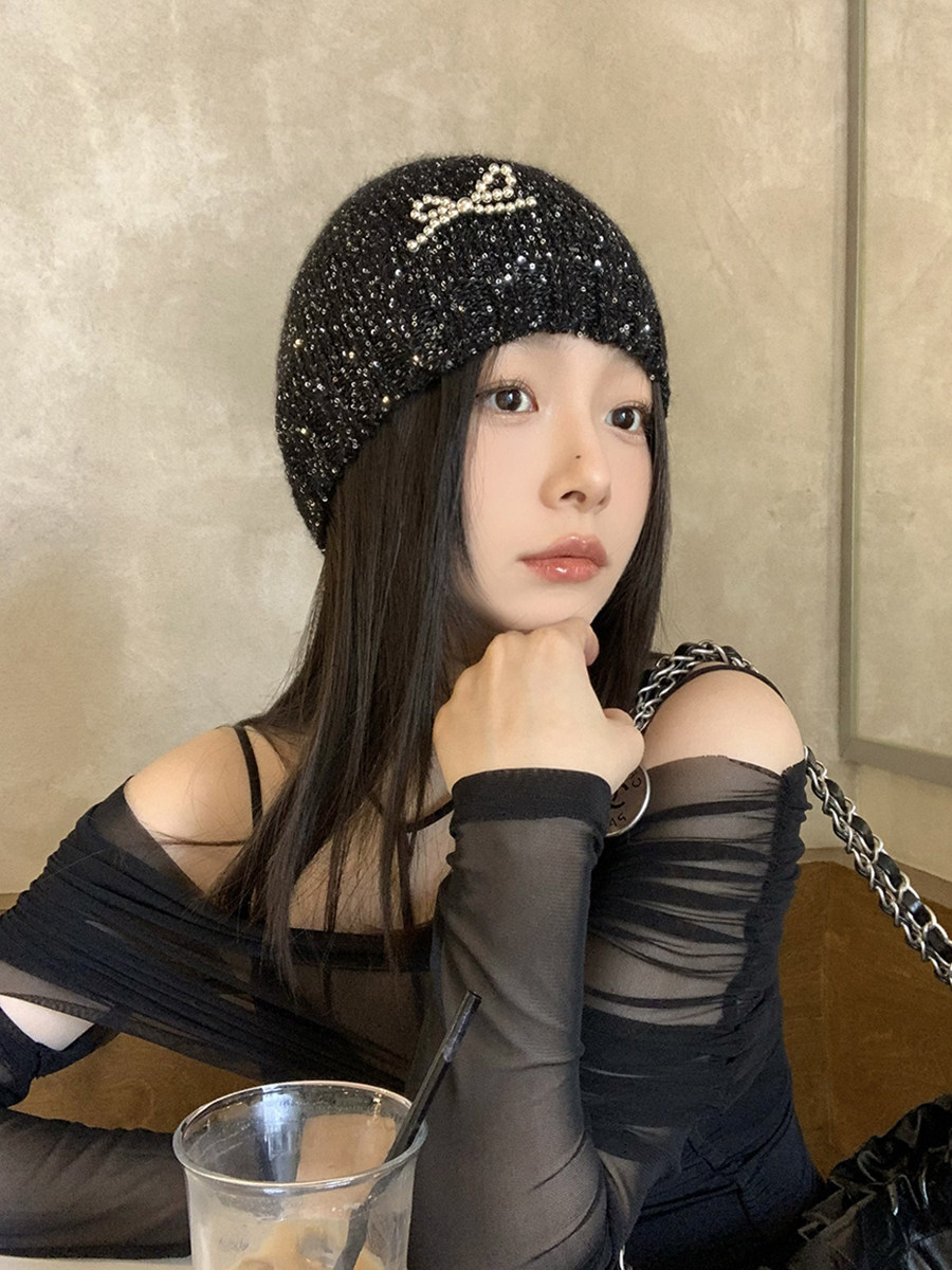走秀款~权志龙jennie同款高级感闪片蝴蝶结毛线帽子女早秋ins冷帽