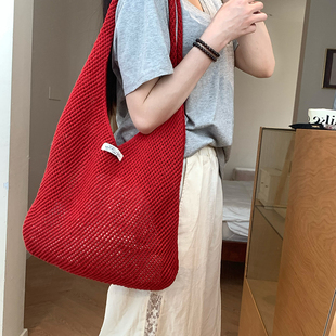 蜗牛爬爬家红色包包女夏季 慵懒风编织包日常通勤针织单肩包托特包