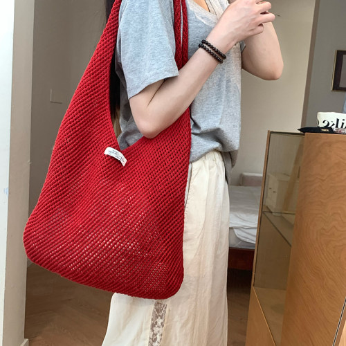 蜗牛爬爬家红色包包女夏季慵懒风编织包日常通勤针织单肩包托特包