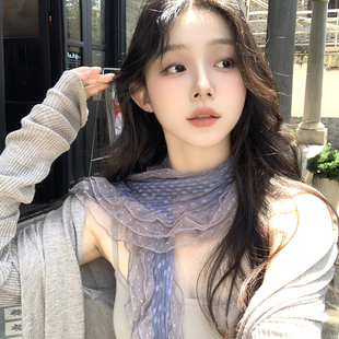 藤井树同款灰蓝色波点蕾丝围巾女夏季薄款紫色长款丝巾系脖高级感