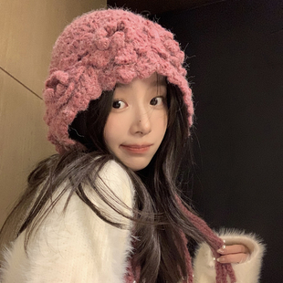 川藏民族风手工钩织立体花朵针织帽女秋冬复古流苏包头帽套头帽子