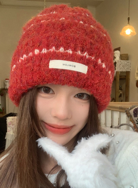 圣诞红色针织帽子女款冬季适合方圆脸冷帽护耳保暖毛线帽女显脸小