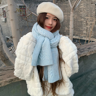 氛围感蓝色针织毛线围巾女冬长款纯色百搭保暖护颈围脖女2025新款