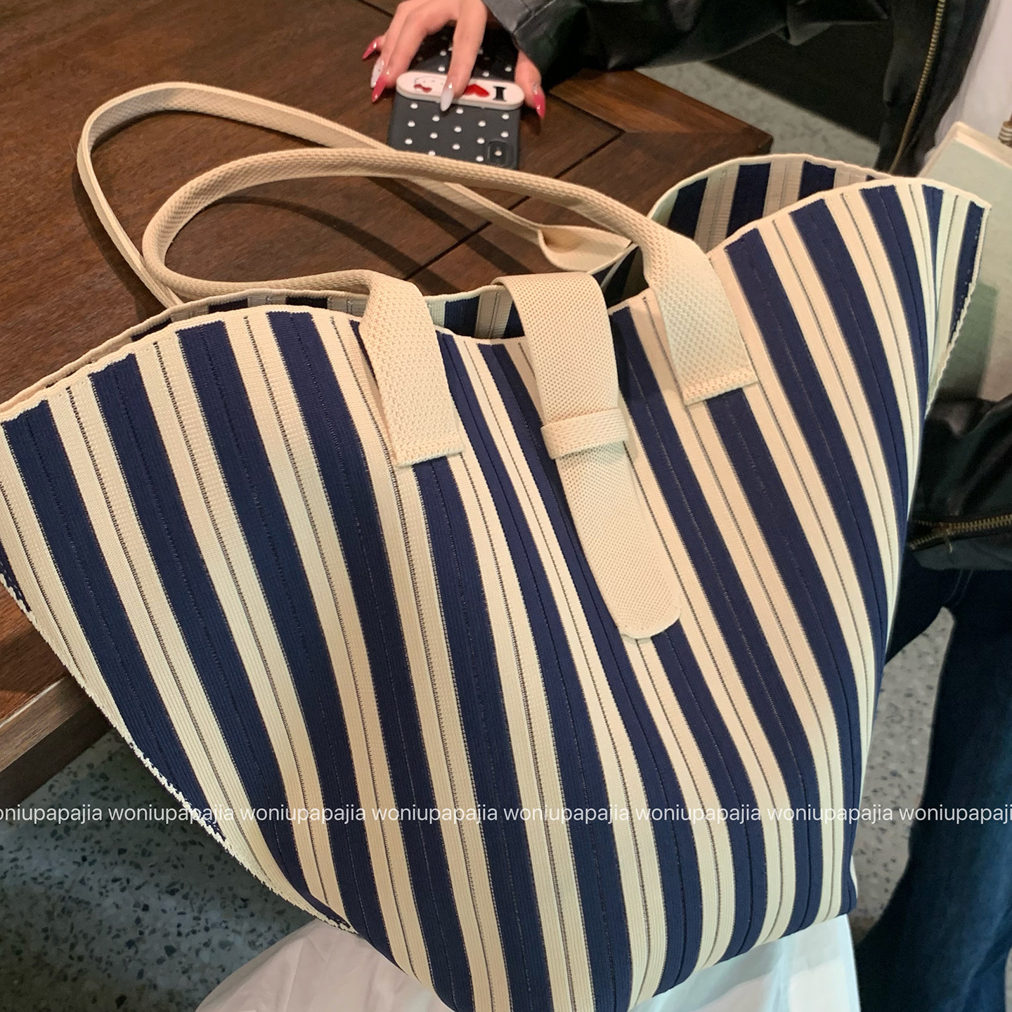 蜗牛爬爬家大容量条纹单肩包女休闲百搭托特包时尚帆布包饺子包