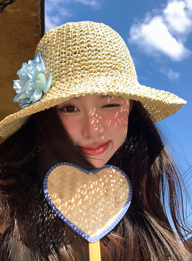 2026新款蓝色花朵草帽女夏季海边度假防晒遮阳帽可折叠编织渔夫帽