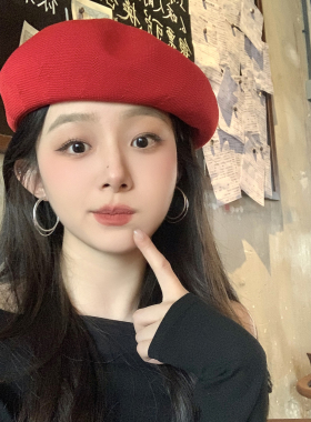 复古红色贝雷帽女春夏薄款透气韩版百搭画家帽蓓蕾帽子