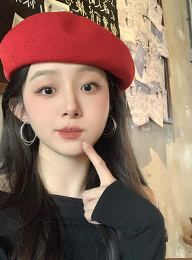 复古红色贝雷帽女春夏薄款透气韩版百搭画家帽蓓蕾帽子