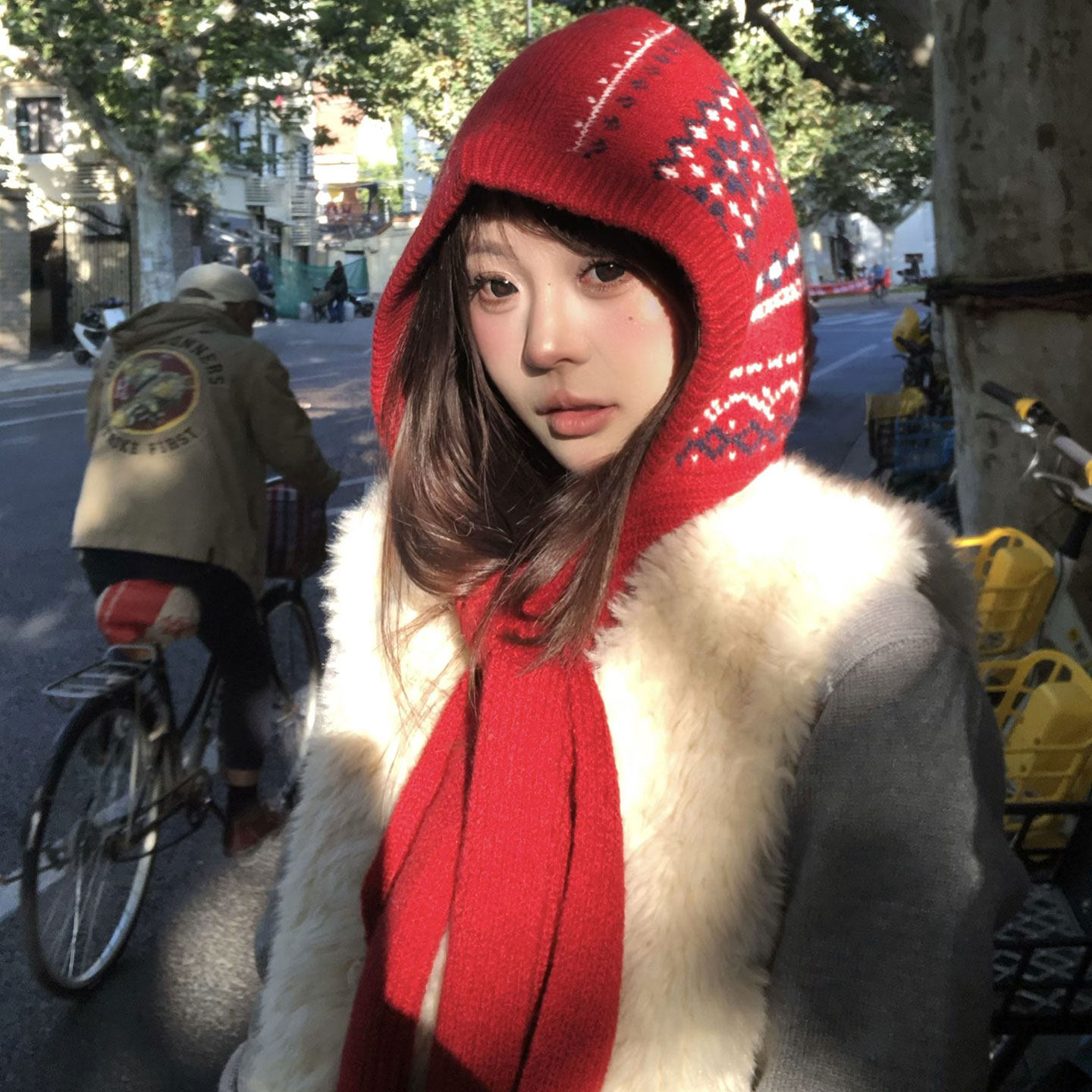 红色红针织帽女秋冬季巴拉克拉法帽保暖防寒护耳毛线帽子围巾一体