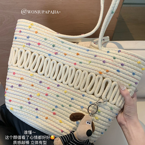 ins奶油糖豆手工编织单肩包女2026新款春夏海边度假腋下包托特包