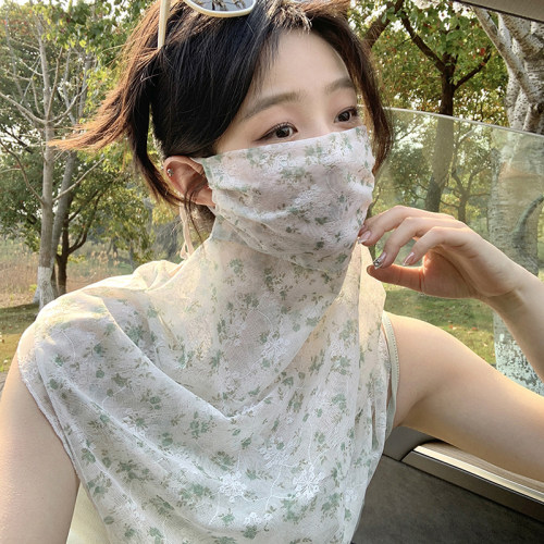 甜美碎花遮阳防晒面纱口罩二合一女防紫外线骑行开车护颈防晒面罩