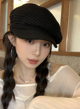 蜗牛爬爬黑色贝雷帽子女2026新款大头围百搭显脸小报童帽画家帽