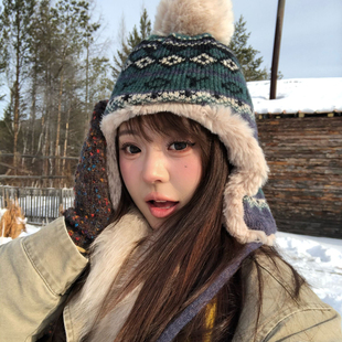毛绒帽子女款冬季针织毛线帽子保暖加厚东北户外防寒护耳雷锋帽女
