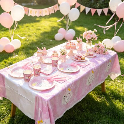 女孩生日粉色兔子主题甜品台场景装饰一次性纸盘纸杯桌布生日横幅