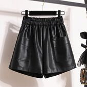 a字阔腿裤 女2024春冬新款 子休闲显瘦宽松百搭松紧腰PU皮裤 皮短裤