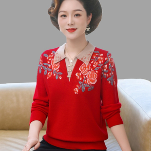 妈妈秋装本命年毛衣喜婆婆羊毛衫中老年女翻领上衣秋冬针织打底衫