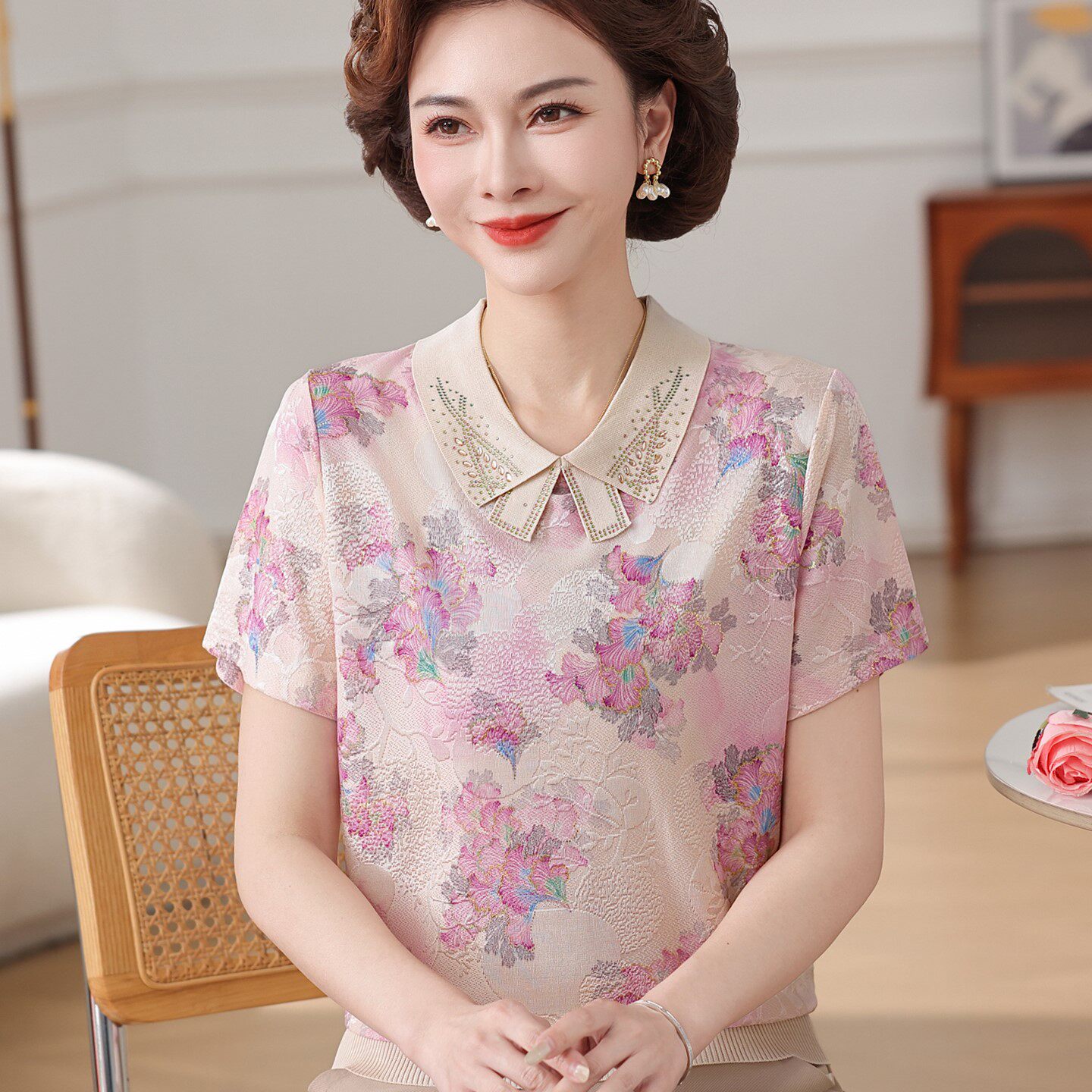 妈妈夏装新款短袖翻领上衣中老年女装时尚母亲节小衫中年妇女套装