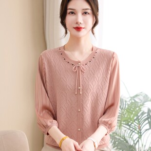 早夏纱袖 中老年女春秋薄款 洋气妈妈装 打底上衣两件套装 T恤 针织衫