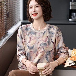 针织打底毛衫 妈妈春装 薄款 上衣两件套纯棉T恤小衫 中老年女春秋季