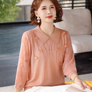 打底小衫 中年妈妈早春新款 薄款 纱袖 针织T恤中老年女洋气翻领夏季