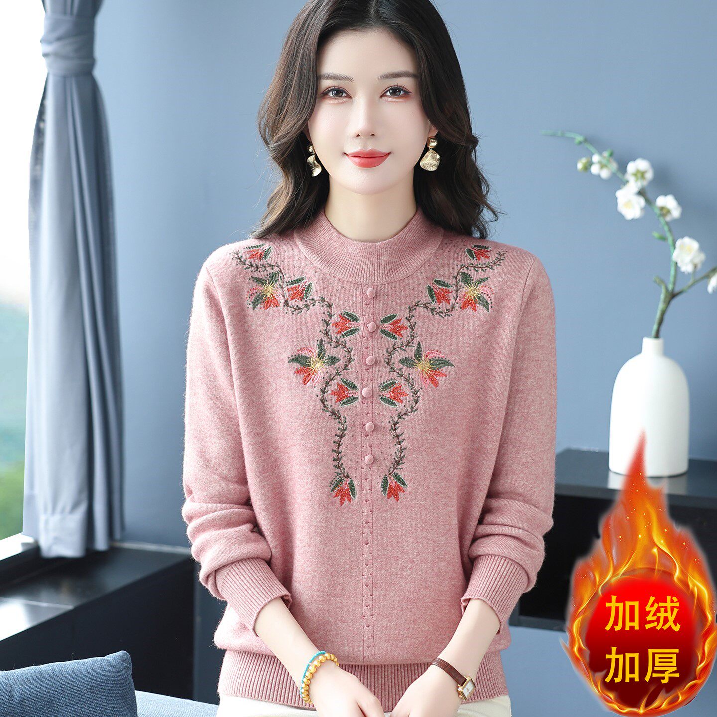 洋气妈妈秋冬加绒加厚针织衫中老年人女装半高领一体绒毛衣两件套