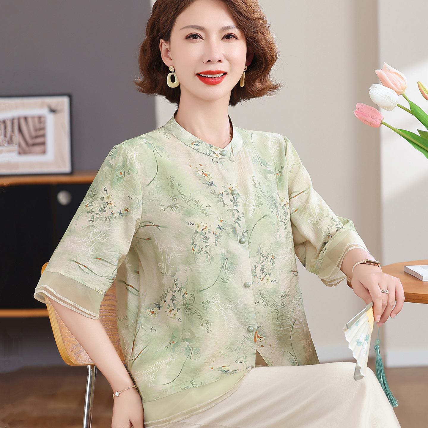 新中式国风妈妈装棉麻套装