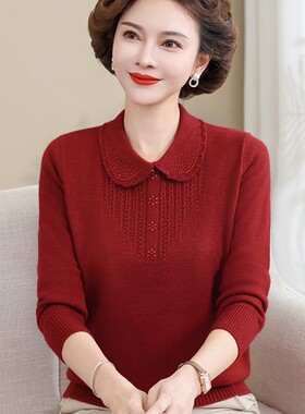 妈妈秋装针织打底衫翻领减龄上衣