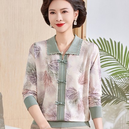 妈妈装春夏长袖冰丝翻领洋气T恤小衫中老年女秋季薄款针织打底衫