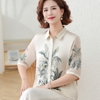 妈妈装真丝衬衫女冰丝七分袖小衫
