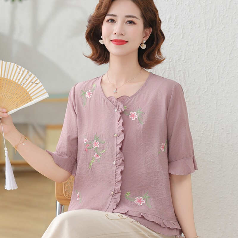 中年女士妈妈夏装纯棉麻套装洋气衬衫中老年女棉绸短袖衬衣薄小衫