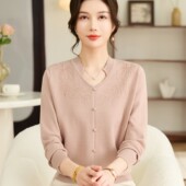 妈妈春装 中老年女春秋洋气针织打底上衣 V领小衫 毛衣2023新款 时尚
