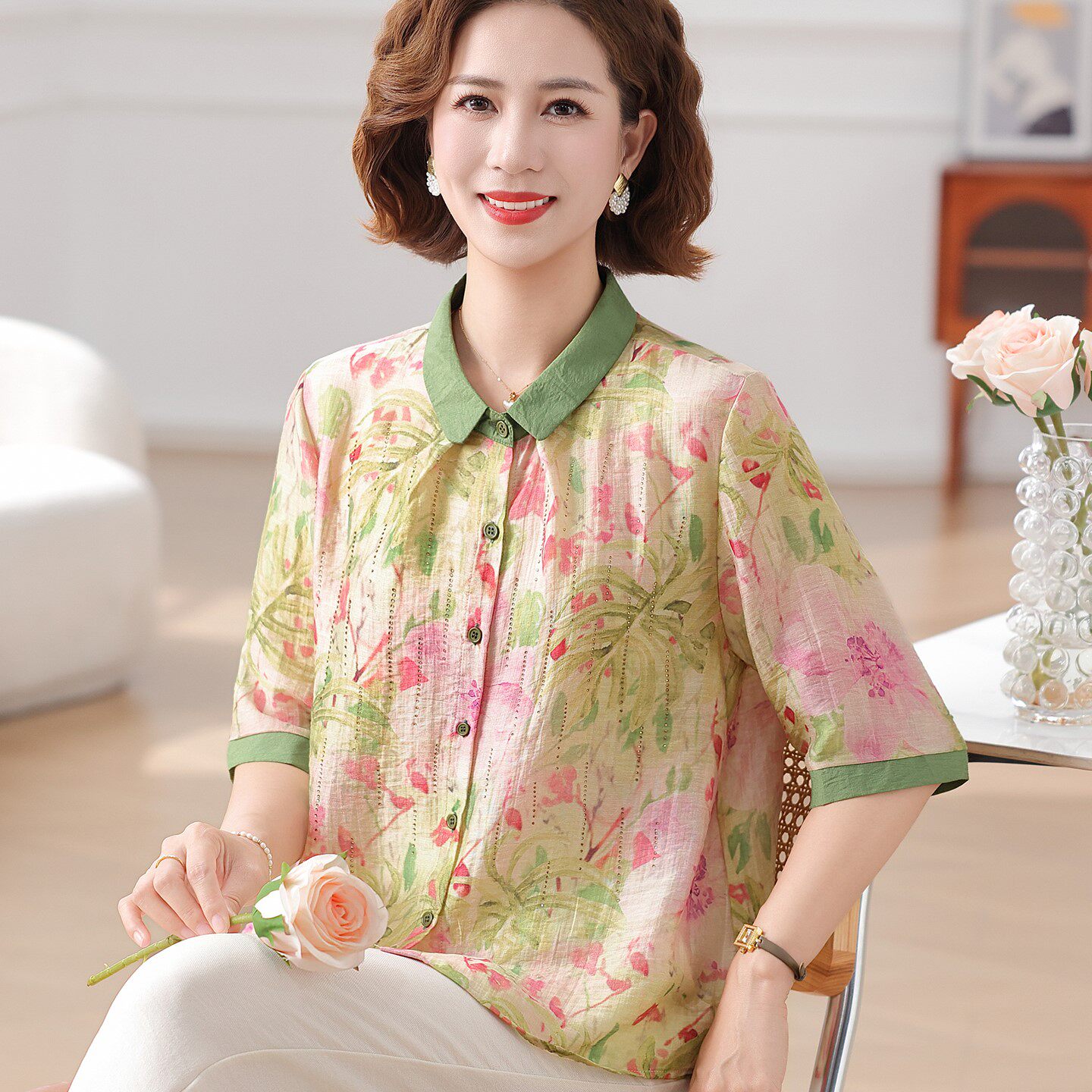 洋气年轻妈妈夏装薄款短袖衬衫中老年女棉麻T恤小衫妇女休闲套装