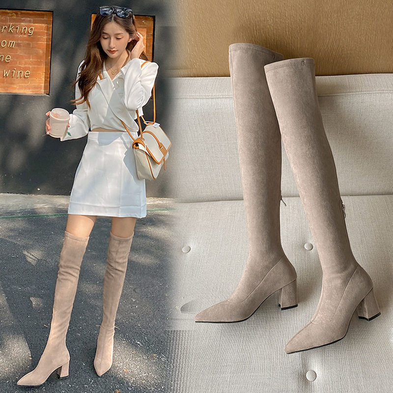 绒面时尚过膝长筒靴女2025秋冬新款粗跟尖头弹力显瘦骑士靴大码42,女鞋,骑士靴,淘宝优惠券,粉丝福利购,淘宝优惠卷
