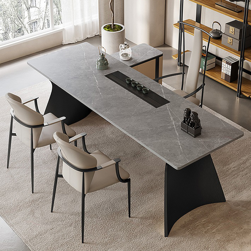 极简方形茶桌办公室茶桌椅组合功夫不锈钢岩板茶台简约现代泡茶台
